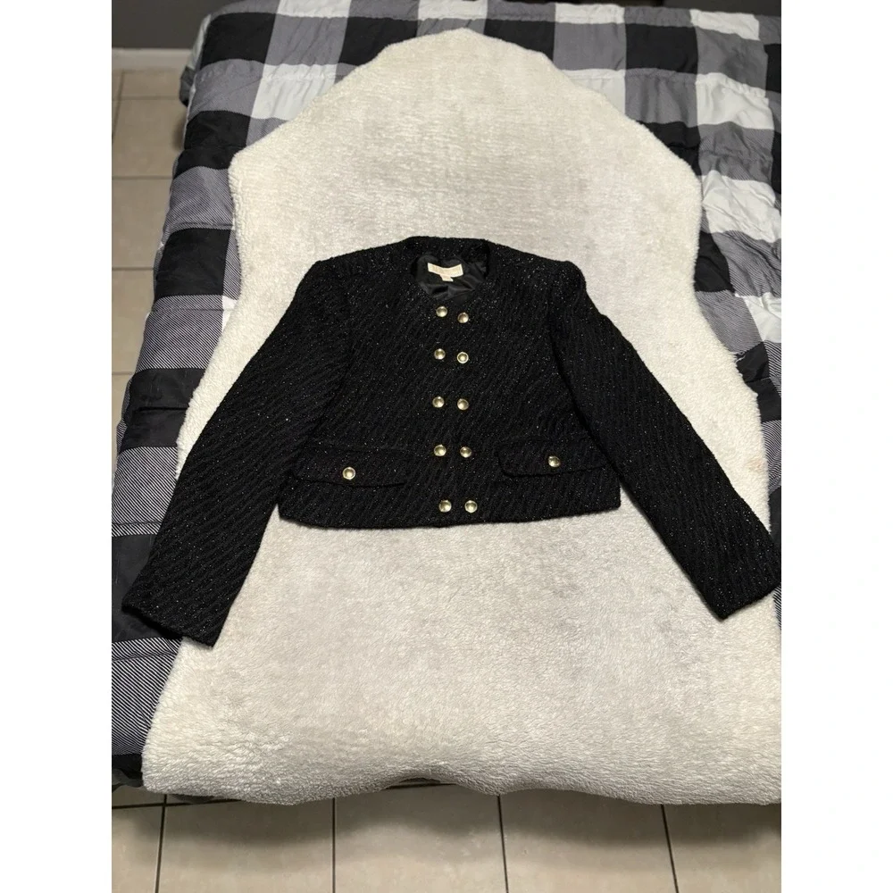 Michael Kors Women's Black Tweed Crop Jacket Size 12 Gold Buttons